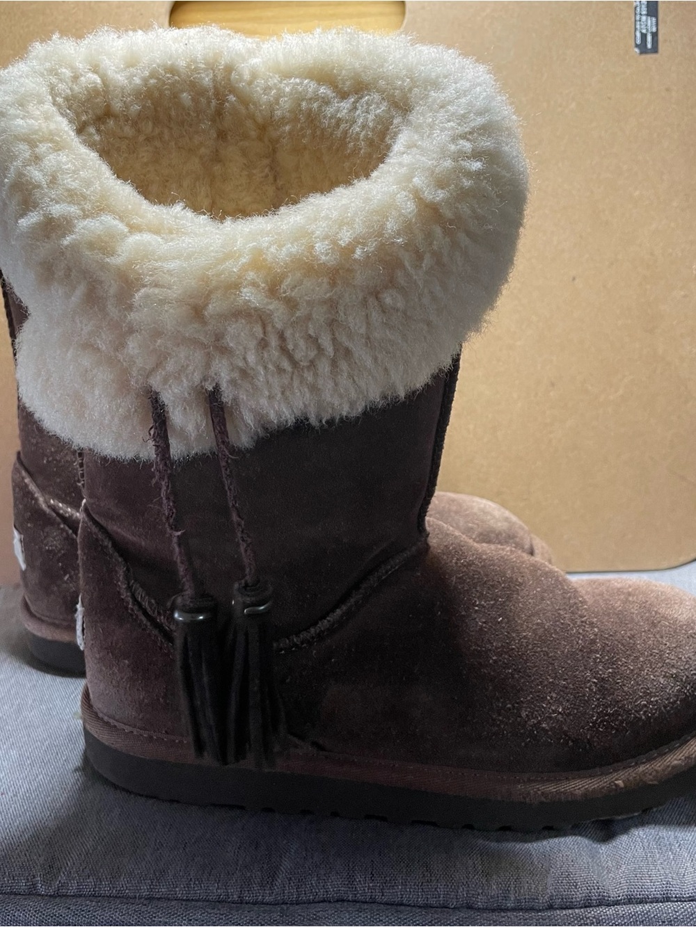 UGG Kids Brown Suede Boots with Cream Shearling Collar